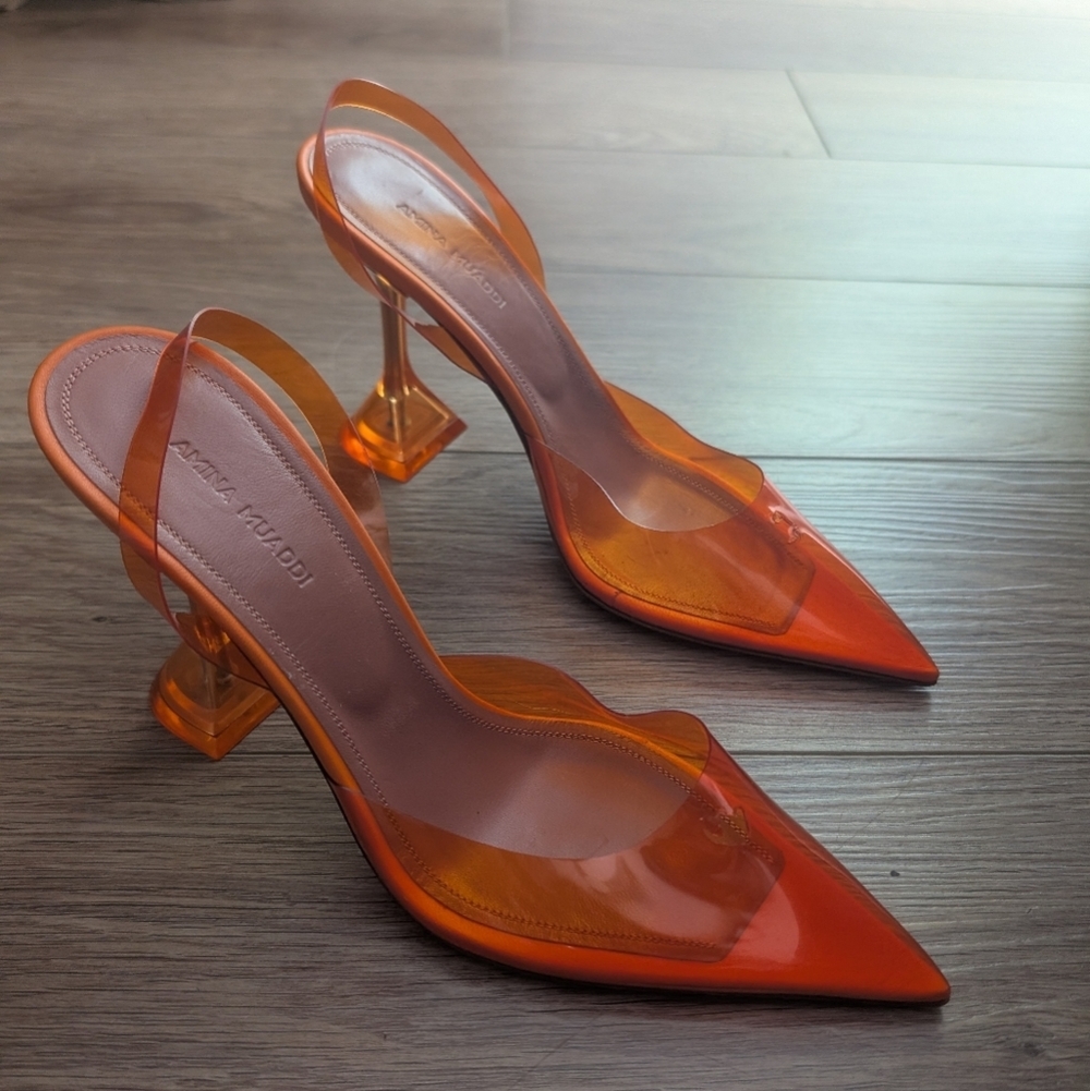 {Flaws} Amina Muaddi | Rosie Embellished PVC Slingback Pumps In Orange